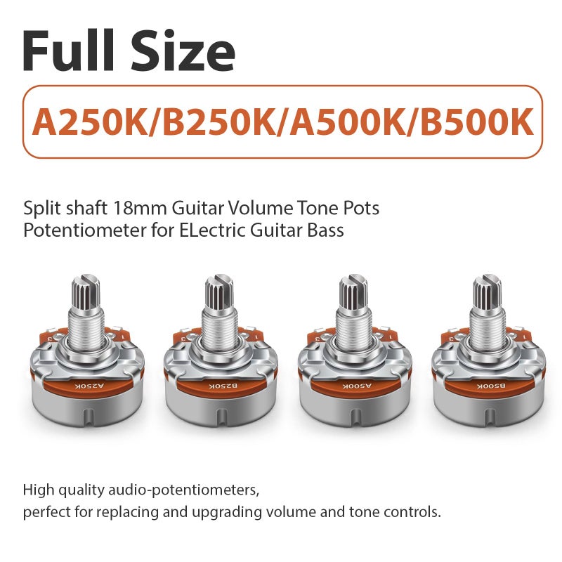 SAPHUE 4PCS A250K+B250K+A500K+B500K Push Pull Potentiometer Brass Metric Coarse 18-Spline Split Shaft Pots Audio Taper Potentiometers for Electric Guitar Bass,2T2V (250K&500K) - Image 3